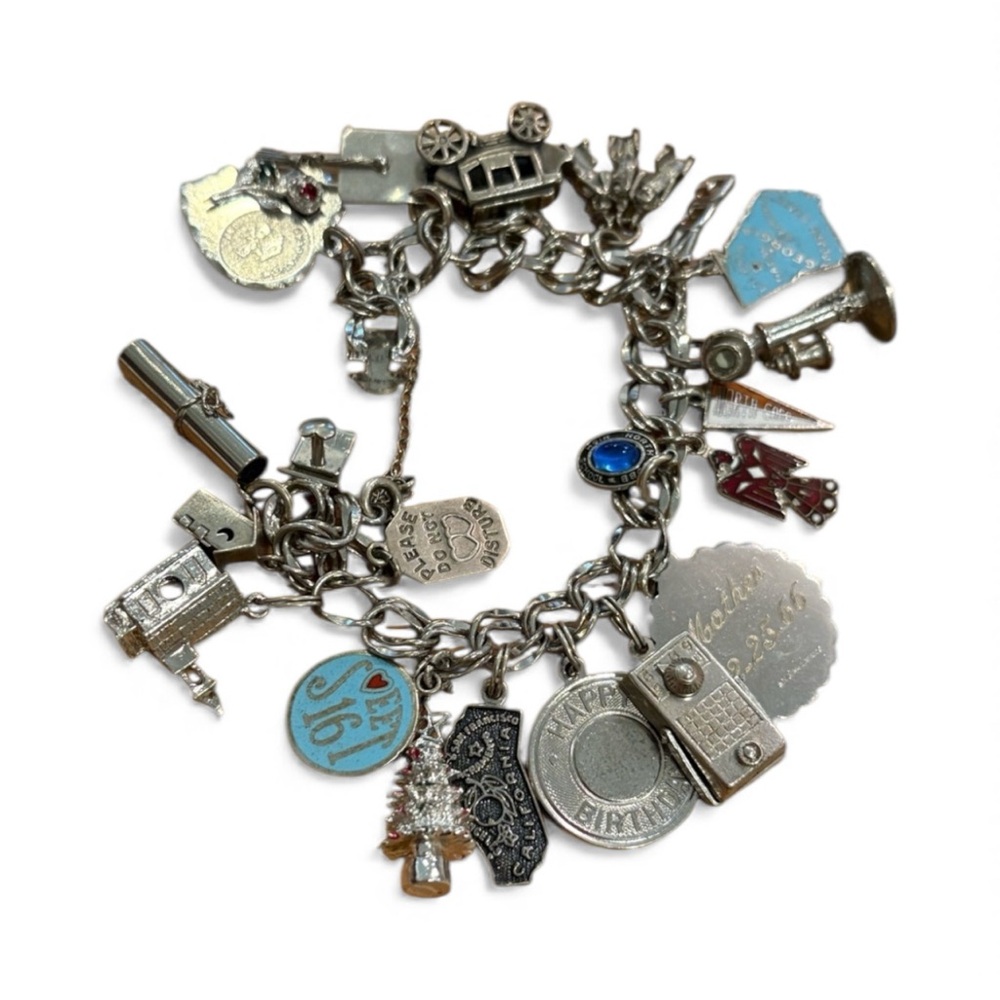 Sterling Silver Charm Bracelet with 22 Various SS 925 Charms